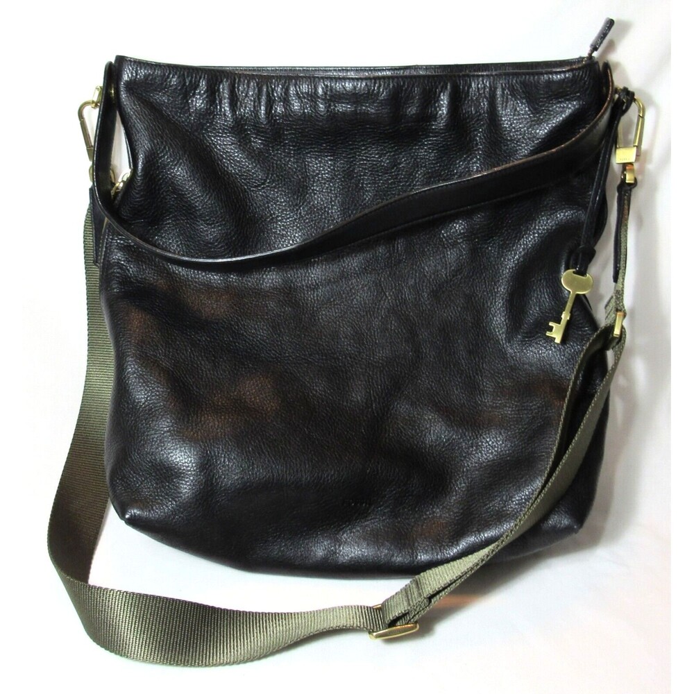 Fossil Maya Black Leather Green Strap Large Crossbody Purse EUC
